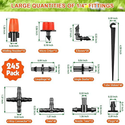 245 Pcs Drip Irrigation Fittings Kit for 1/4" Tubing：Gardrip 1/4 Inch Drip System Barbed Connectors (Nozzles, Nozzle Tees, Drippers, Single Barbs, Couplings, Tees, Elbows, Plugs, Crosses, Drip Stakes)