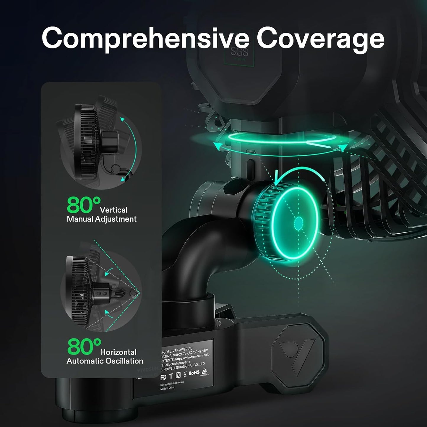 VIVOSUN AeroWave E9 Grow Tent Fan 9”, EC Motor, WiFi-Controllable, US Patented Auto Oscillating Clip fan, IP54 Weatherproof, Strong Airflow & Quiet for Hydroponic Ventilation Circulation, Black