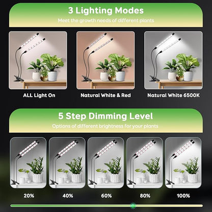 2 Heads Grow Lights for Seed Starting, Full Spectrum Grow Lights for Indoor Plants with 6/12/18H Timer, V-Shaped Design Light, 5 Dimmable Levels, Clip-on Desk for Indoor Plant Growing (2 pack)