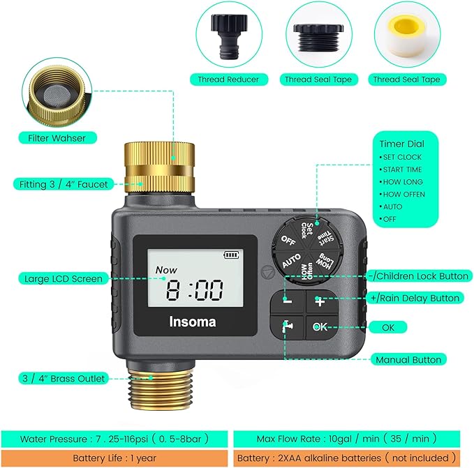 Sprinkler Timer with Brass Inlet and Outlet, Programmable Water Timer for Outdoor Garden Hose, Hose Timers with Rain Delay/Manual/Auto Mode, Drip Irrigation and Lawn Watering System, 1 Outlet