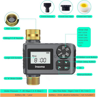 Sprinkler Timer with Brass Inlet and Outlet, Programmable Water Timer for Outdoor Garden Hose, Hose Timers with Rain Delay/Manual/Auto Mode, Drip Irrigation and Lawn Watering System, 1 Outlet