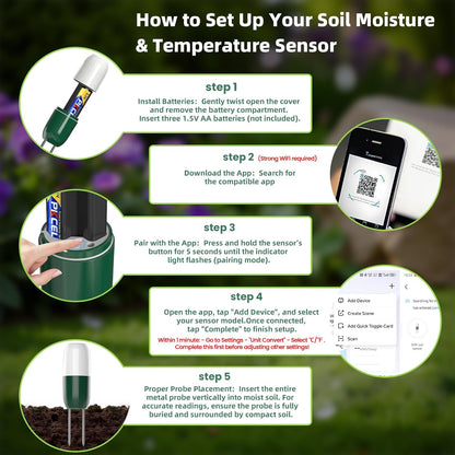 Smart WiFi Soil Moisture & Temperature Sensor - Hub-Free Soil Meters for Lawn, Garden, Greenhouse, Real-Time App Alerts, IP67 Waterproof, Works with Automatic Watering Systems,Gardening Gift