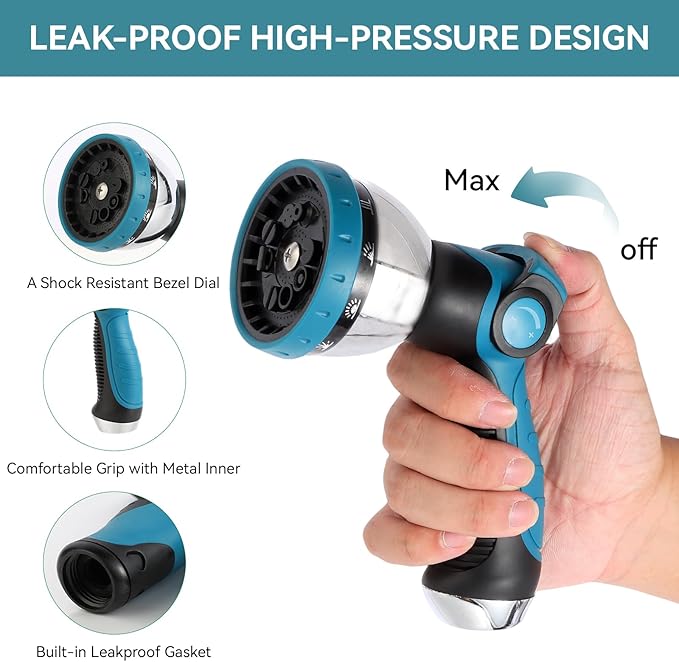 Garden Water Hose Nozzle Metal Heavy Duty Sprayer Thumb Control with 10 Spray Modes Suitable for Watering Plants, Iawn and Garden, Car Washing, Cleaning, Showering Pets and Outdoor Fun, Blue