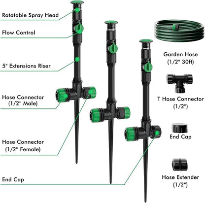RESTMO Flexible Sprinkler System with Metal Spike Base, Above Ground DIY Irrigation Kit, Multi-Adjustable Lawn Sprinkler Set, Ideal for Plant and Flower Bed Watering, 30ft Garden Hose Included