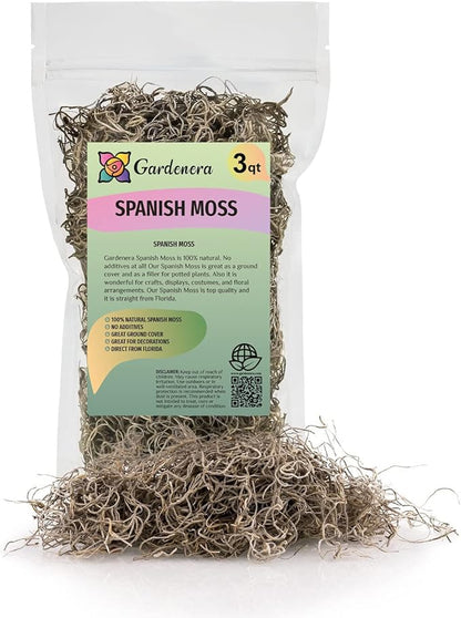 Premium Natural Spanish Moss | Natural Preserved - Great Ground Cover - Filler for Potted Plants - by GARDENERA - 3 Quart Bag
