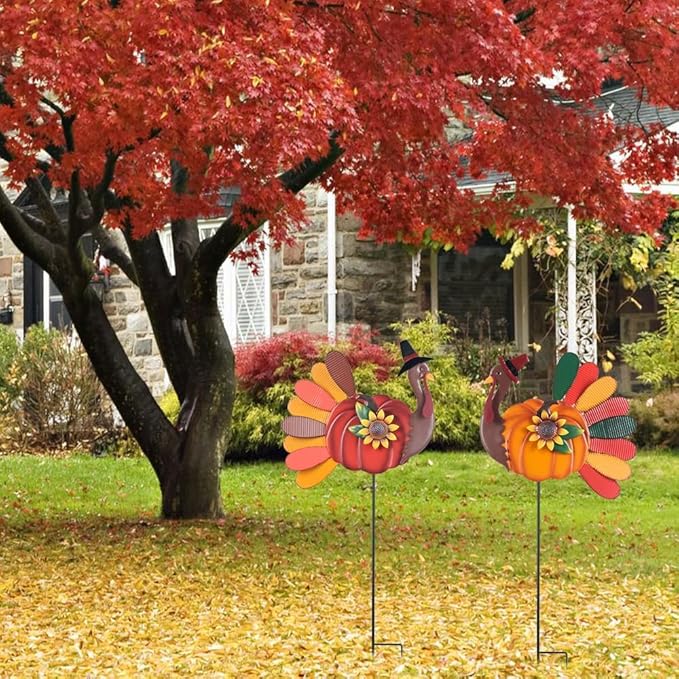 YEAHOME Thanksgiving Decorations Outdoor, 2PCS Turkey Decorative Garden Stakes with Sunflowers for Fall Thanksgiving Decor, Metal Yard Signs for Home Garden Lawn Porch Fall Decorations