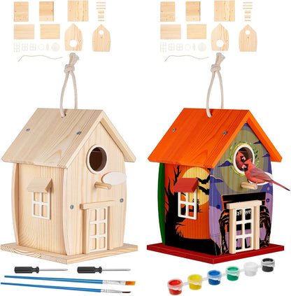 Liliful 2 Pack DIY Unfinished Wooden Birdhouse Craft Wooden Painting Kit with Paint and Paintbrushes for Boy or Girl Classroom Activity and Christmas Kids Craft Gifts(Rural Style)