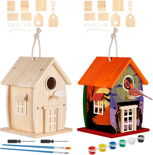 Liliful 2 Pack DIY Unfinished Wooden Birdhouse Craft Wooden Painting Kit with Paint and Paintbrushes for Boy or Girl Classroom Activity and Christmas Kids Craft Gifts(Rural Style)