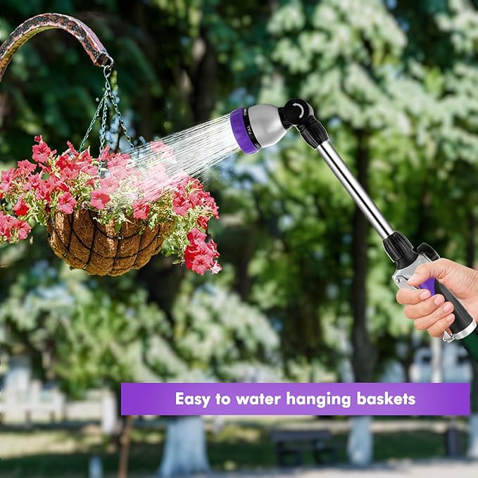 RESTMO Metal Watering Wand, Heavy Duty Garden Hose Wand with 180° Swivel Ratcheting Head, 16'' Hose Nozzle Sprayer with 7 Spray Patterns and Flow Control, for Water Hanging Baskets and Shrubs, Purple