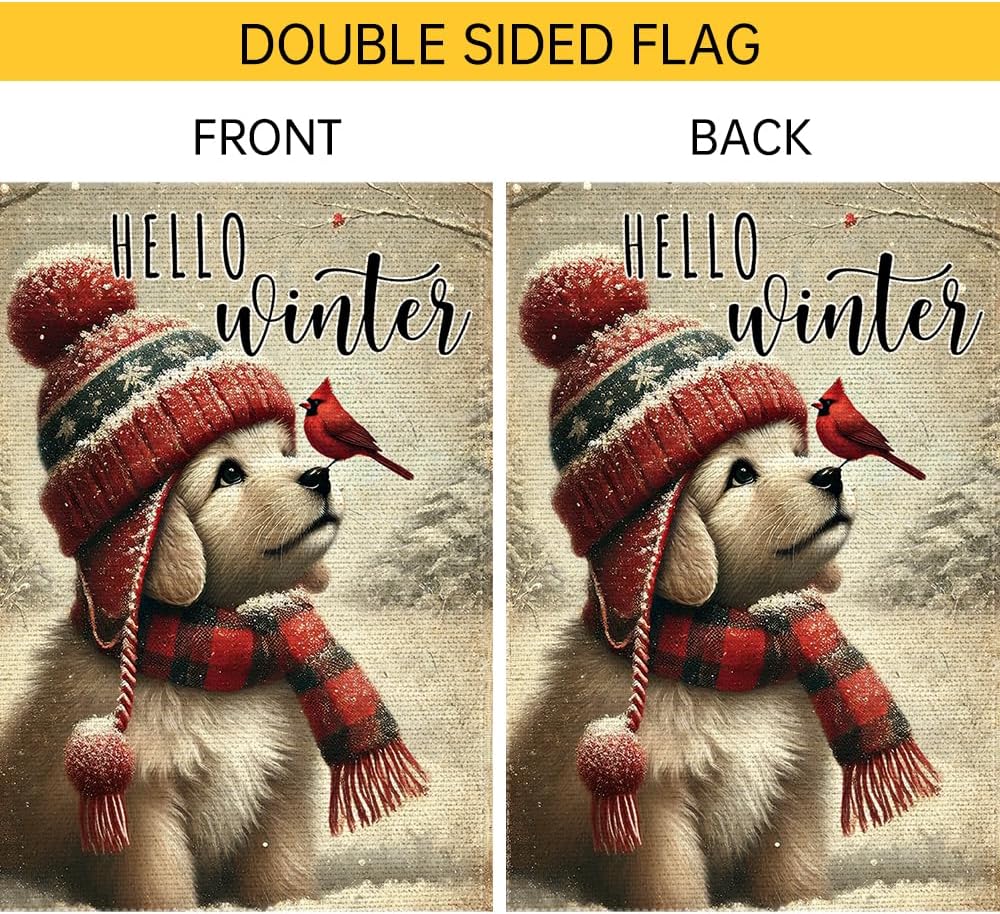 Hello Winter Dog Garden Flag 12x18 Vertical Double Sided Cardinal Bird Snow Christmas Holiday Outside Decorations Burlap Yard Flags