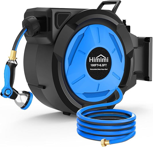 Retractable Garden Hose Reel, 1/2" x 100FT + 6.6FT Automatic Retractable Water Hose Reel Wall Mount, with 10- Function Sprayer Nozzle, Any Length Lock/Auto Rewind/180°Swivel