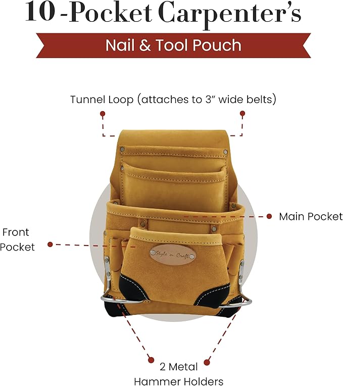 Style n Craft 10-Pocket Carpenter’s Nail & Tool Pouch, Heavy-Duty Leather Tool Pouch, Perfect and Durable Full-Grain Leather Pouch, Yellow with Black Leather Corners (#93923)