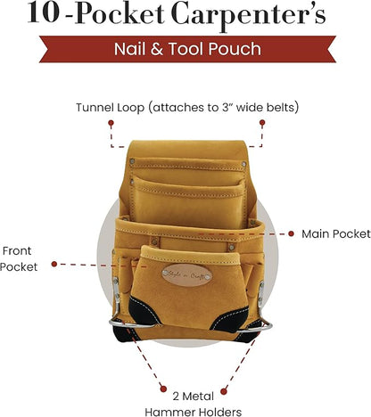 Style n Craft 10-Pocket Carpenter’s Nail & Tool Pouch, Heavy-Duty Leather Tool Pouch, Perfect and Durable Full-Grain Leather Pouch, Yellow with Black Leather Corners (#93923)