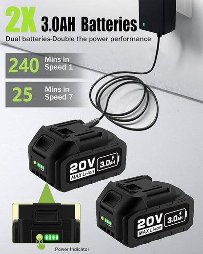 Electric Leaf Blower Cordless 530CFM - 2 X 3Ah Batteries and Fast Charger, 20V Lightweight Handheld Battery Leaf Blower with 7-Speed Control, 2 Extended Tubes for Yard, Lawn & Garden