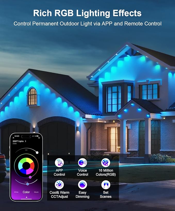 Fussion 200ft Permanent Outdoor Lights for House, 2025 Smart RGB LED Outside Lights with APP Remote Control, IP67 Waterproof Eternity Eaves Lighting for Christmas, Halloween, Holiday, Party, Daily