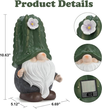 Solar Cactus Gnome Statue Garden Decor Light - Outdoor Decorative LED Flower, Suitable for Patio, Lawnand Garden Decorations, Gifts for Mom