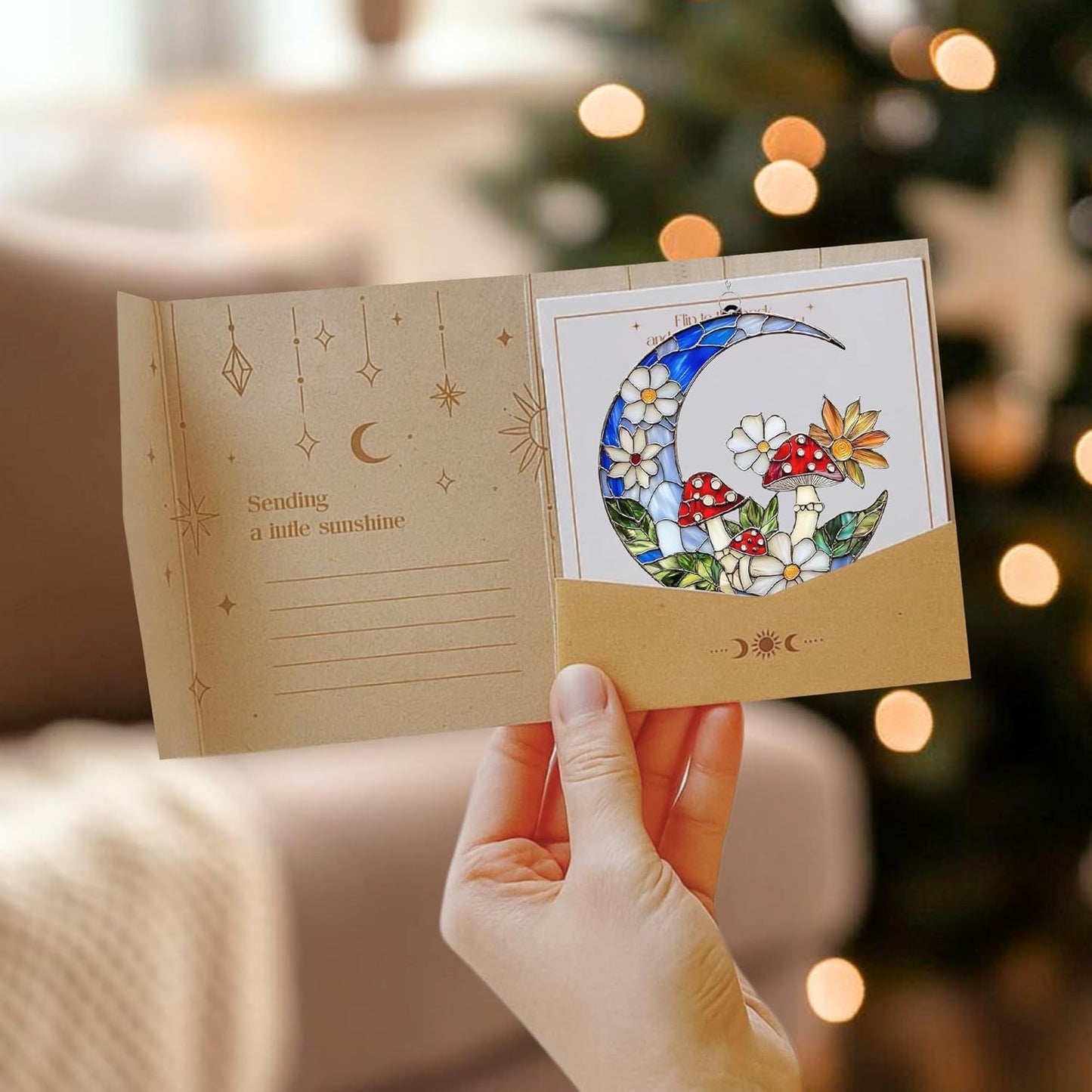 Mushroom Crescent Moon Boho Acrylic Suncatcher Stained Glass Effect Window Car Hanging Christmas Ornament Indoor Outdoor Decor Garden Sun Catcher Gifts for Bohemian Lover Gift for Women Mom Grandma