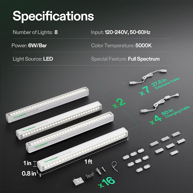 VIVOSUN T5 Grow Lights for Indoor Plants, 5000K Full Spectrum 48W(8 X 6W), 1FT LED Plant Light Strip for Seed Starting, Greenhouse, Hydroponics, SGS Compatible, Linkable, 8-Pack
