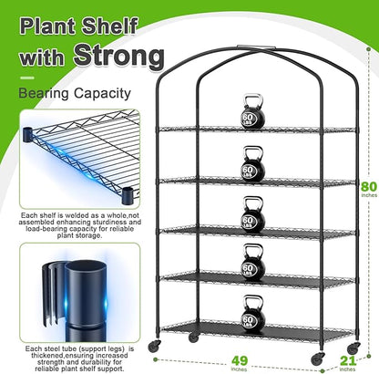 Abimars 5-Tier Greenhouse with Caster Wheel, Each Shelf Height Adjustable Metal Plant Shelf with PVC Cover for Seed Starting Trays, Seedling Pots, Plant Pots, 21x49x80inch