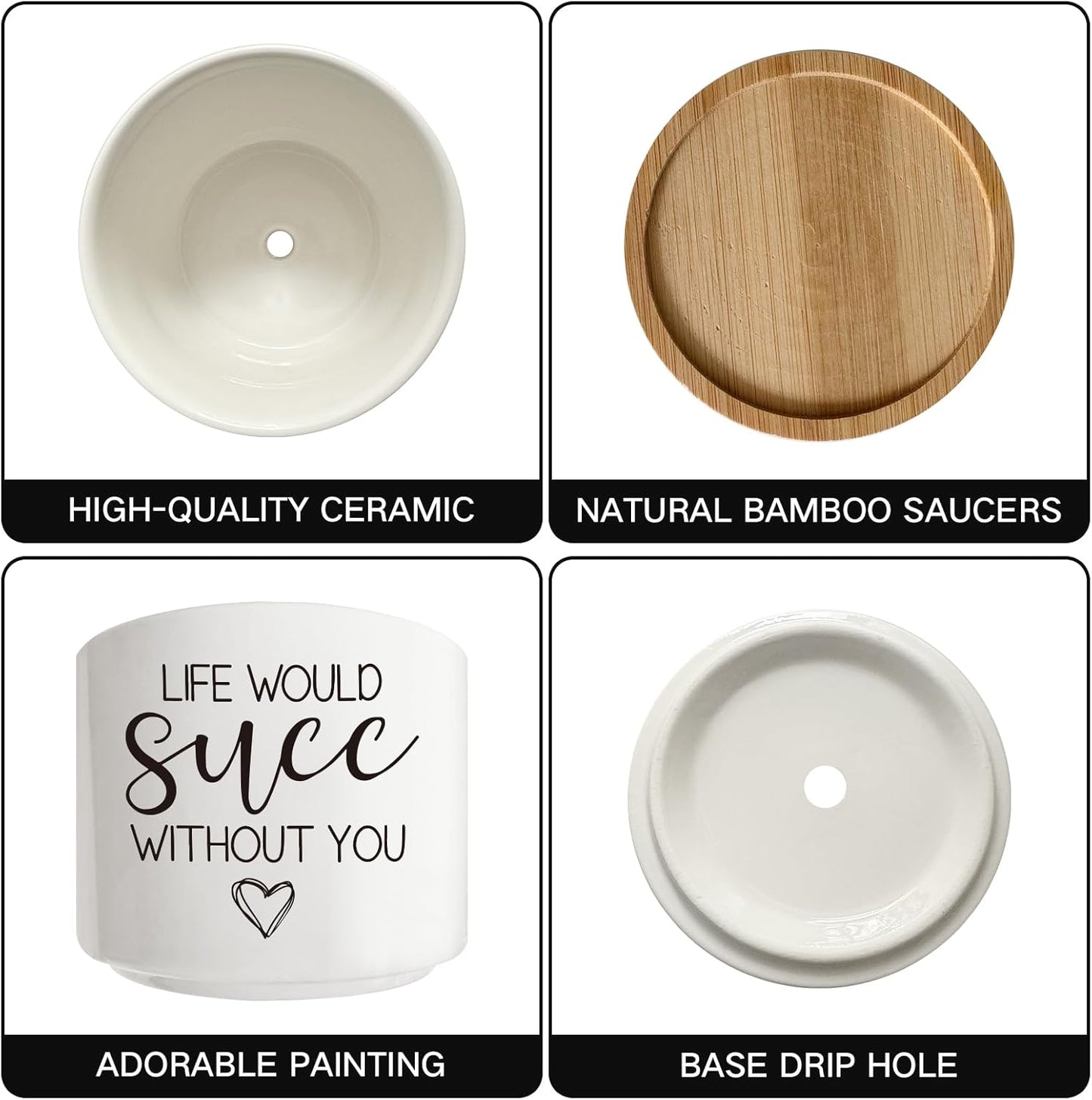 Life Would SUCC Without You Succulent Cactus Cute Planter Pots with Bamboo Tray, Office Kitchen Home Windowsill Indoor Decor, Gift for Friends Mom Coworkers Teachers Plant Lovers