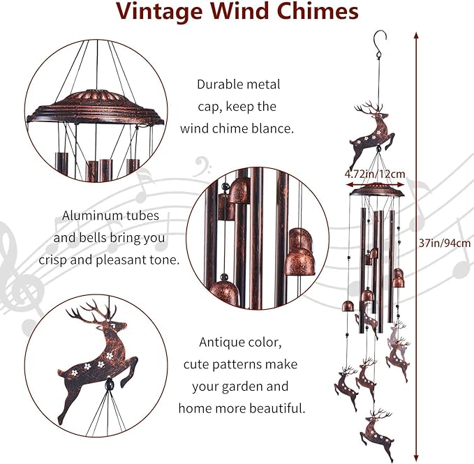 Deer Wind Chimes for Outside, Metal Windchimes Outdoors Clearance with 4 Aluminum Tubes, Garden Patio Yard Home Decor, Deer for Women Mom Grandma, Unique Christmas Decorations
