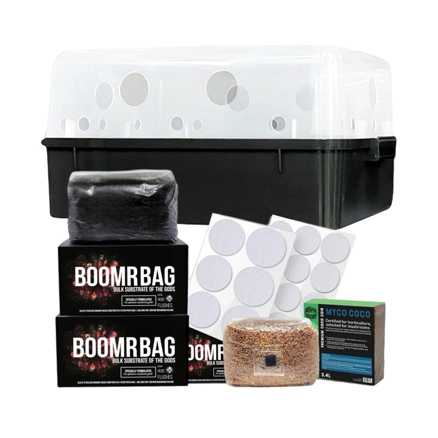 North Spore 'Boomr Bin' Monotub Mushroom Grow Kit | Complete Dung-Loving Mushroom Grow Kit - Just Add Spores | Featuring Boomr Bin Monotub | Includes Monotub, Sterile Substrates, Coco Coir & Filters