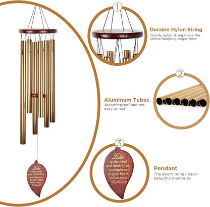 Golden Wind Chimes for Outside Deep Tone Aluminium Windchimes Outdoors Memorial Wind Chime for Loss of Loved One Mom Bereavement Memorial Gifts Sympathy Wind Chimes Patio Decor Grief Gifts for Women