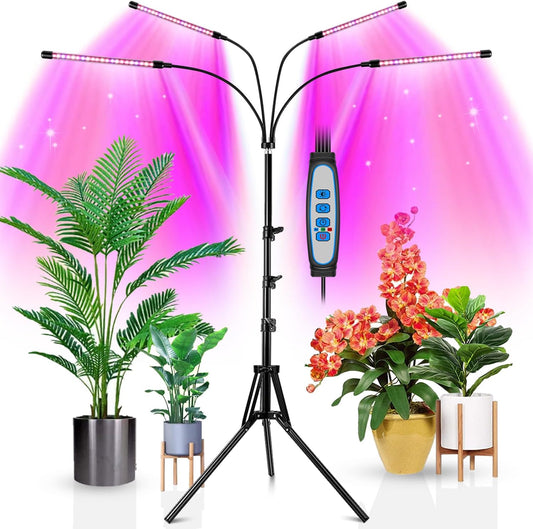 Wolezek Plant Light for Indoor Plants, 4-Head 80 LED Full Spectrum Grow Lights for Seed Starting with 15-61 inches Adjustable Tripod Stand, Red Blue Warm White Floor Grow Lamp with Auto 6/12/16H Timer