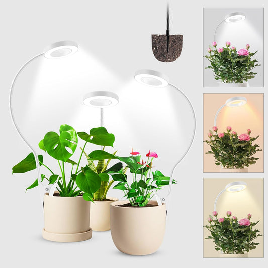 Wolezek 2 in 1 Grow Lights for Indoor Plants, 3 Colors Plant Lights for Indoor Growing with 360° Gooseneck, 48 LEDs Full Spectrum Plant Grow Lights Indoor, 6/12/16H Timer, 5 Brightness, White 3 Pack