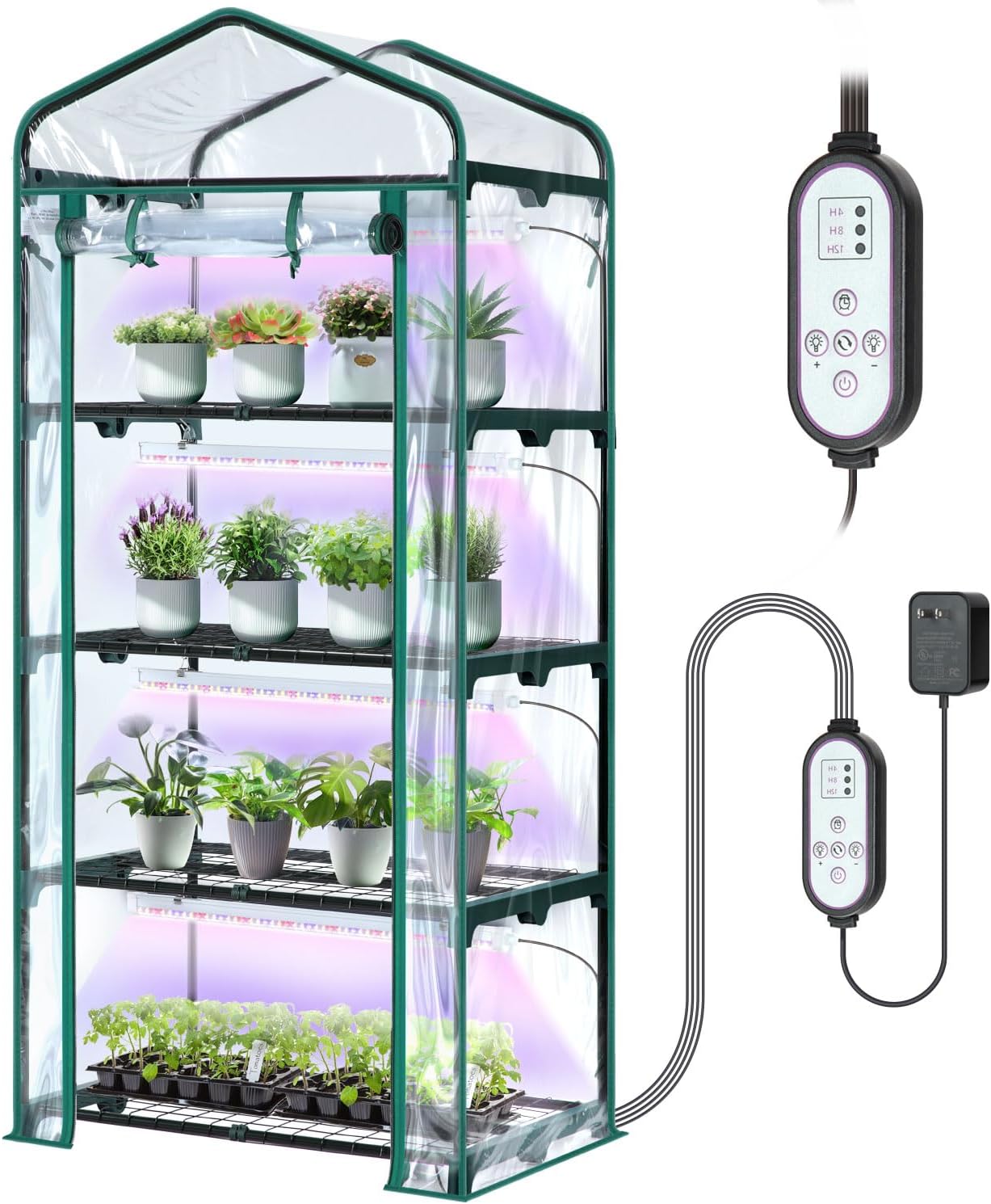 Indoor Greenhouse with Grow Light, Ohuhu 4-Tier Mini Green House for Winter - Full Spectrum Greenhouses for Seed Starting Small Portable Green Houses Waterproof PVC Cover & Adjustable Shelves