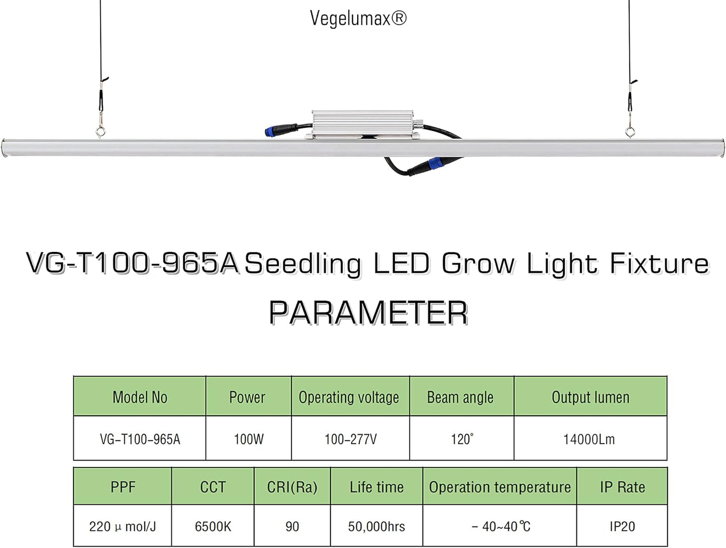 LED Grow Light Lamp for Indoor Plant Seedling Germination Vege Flower Growth,Full Spectrum CRI 90+ High Output White Light CCT 6500K,Isolated Dimming Driver with On/Off Switch,100 Watt,4Feet