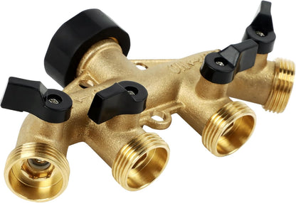 4 Way Brass Hose Splitter, 3/4" Brass Hose Faucet Manifold, Garden Hose Adapter Connector