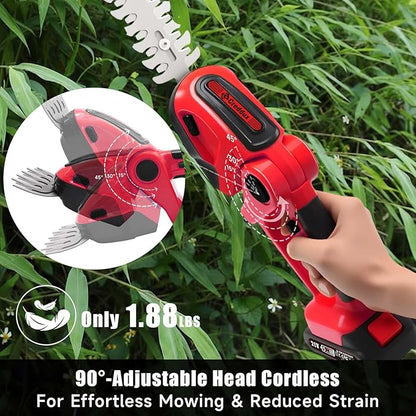 Cordless Hedge Trimmer, 2-in-1 Handheld Electric Hedge Trimmer/Grass Shears for Garden,Yard and Lawns, Shrub Trimmer with 2 PCS Rechargeable Battery&Charger (Red)