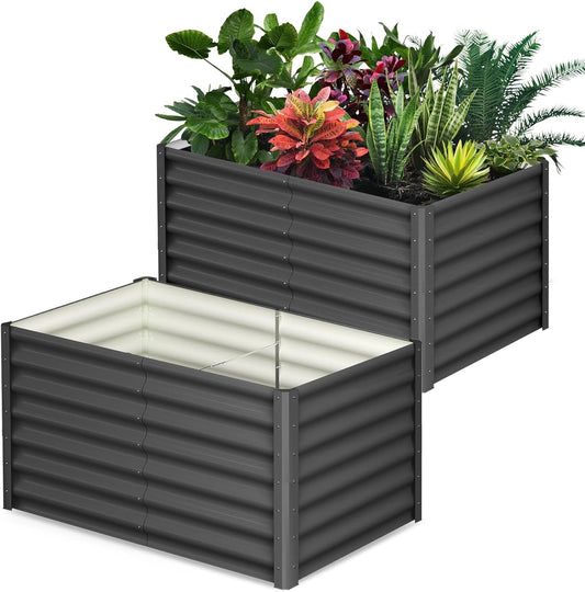 Galvanized Raised Garden Bed, 2 Pcs 6x3x2FT Outdoor Outdoor Planter Boxes with Open Base with Safety Edge and Glove, Elevated Rectangular Planting Bed for Vegetables Flowers Ground Planter, Gray