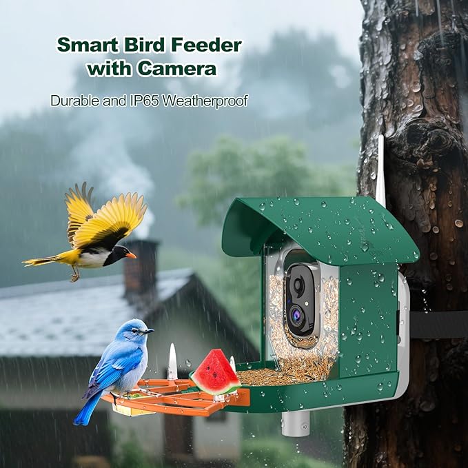Bird Feeder with Camera,WiFi Smart Bird House with Cam Solar Powered for Outdoor,AI Identify,App Notification,Night Vision,2K Live View,Auto Record Video,Birdwatching Gifts for Family,Birds Lover