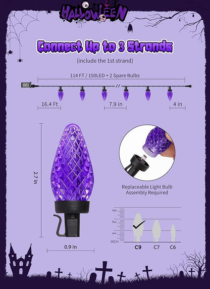 Brightown Halloween C9 LED Purple String Lights, 114FT 150 LED Halloween Lights with Timer & 8 Modes, Plug-in Waterproof Connectable Outdoor Lighting for House Patio Yard Porch Roof