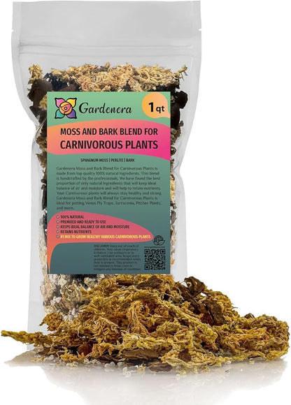 Premium Sphagnum Moss, Perlite and New Zealand Pine Bark Blend for Carnivorous Plants - Perfect for Venus Fly Traps, Pitcher Plants, Sarracenia, Butterworts, and Sundews by GARDENERA - 1 Quart Bag