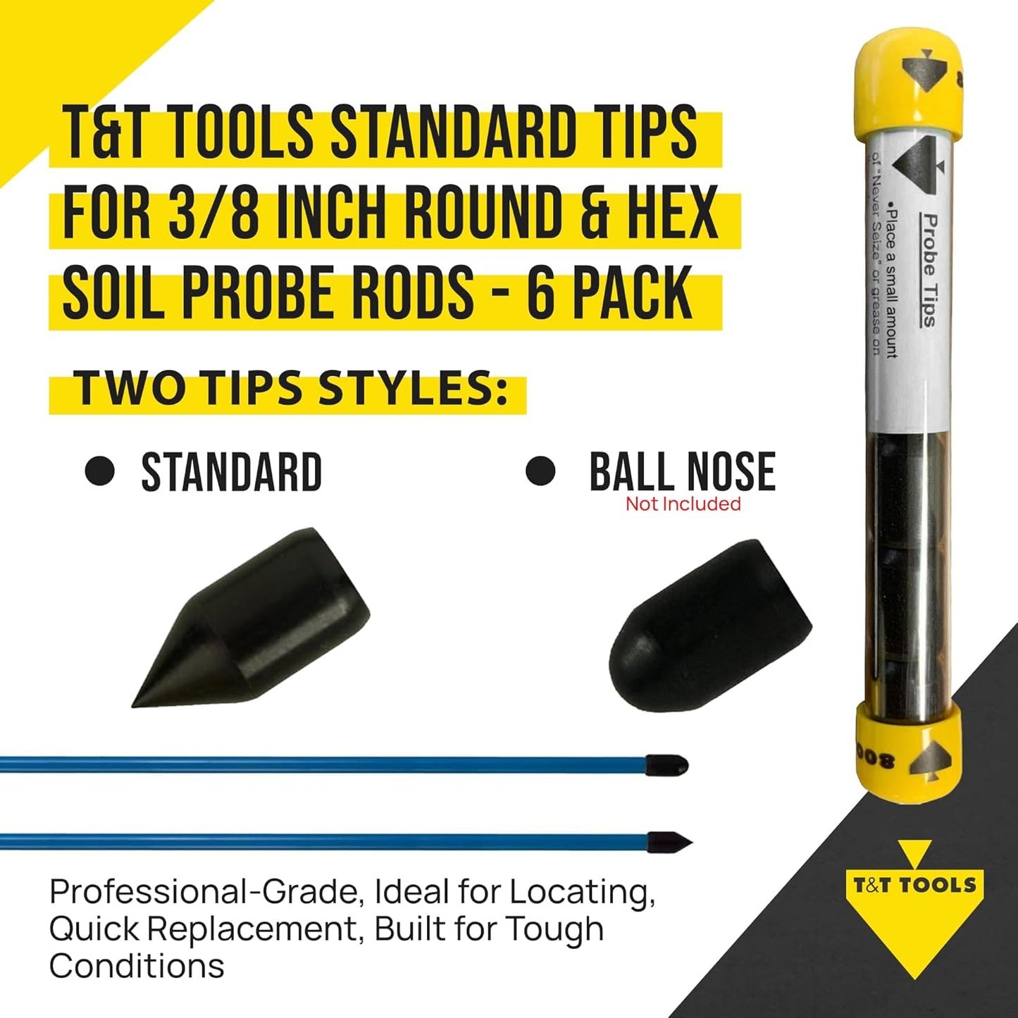T&T Tools Standard Replacement Tips for 3/8" Soil Probe Rods - Compatible with Smart Stick & Mighty Probe - Ideal for Locating, Plumbing, Landscaping & Gardening Tools - Durable Metal Rod Tips, 6-Pack