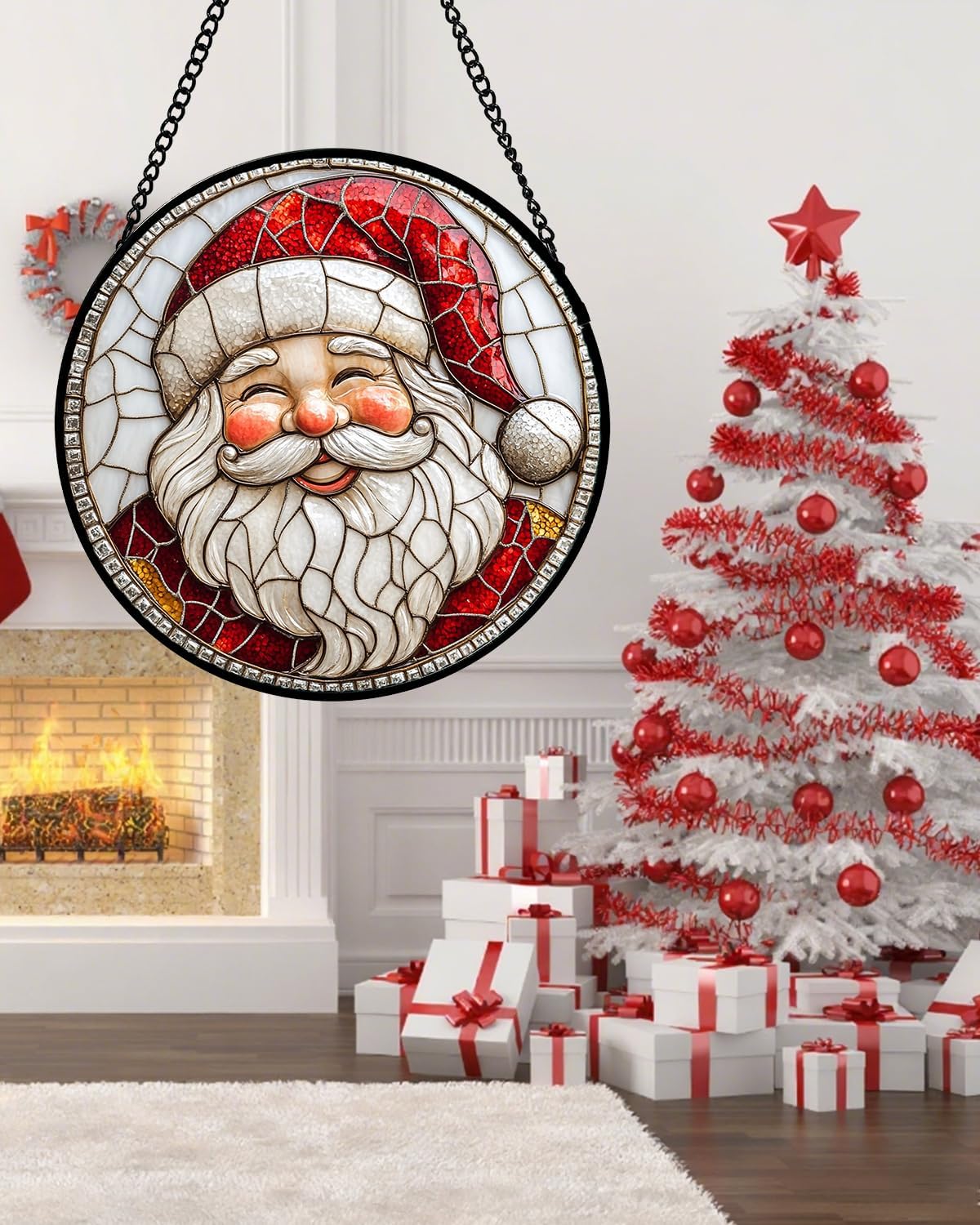 Stained Glass Window Hanging - Red White Santa Claus Suncatcher for Doors Home Christmas Decoration Winter Sun Catcher Thanksgiving New Year Birthday Gifts for Women Men Mom Nana Girl 6.3 in