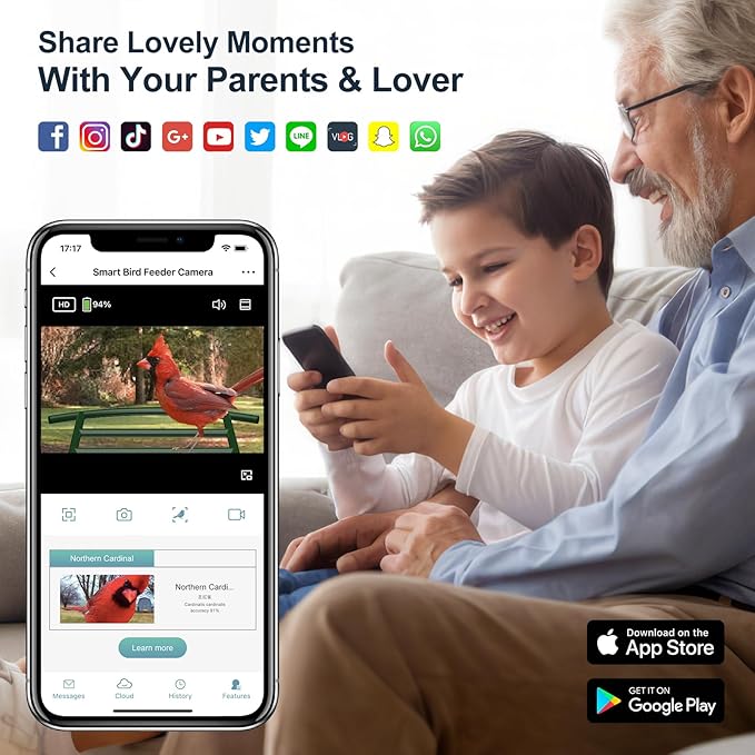 Bird Feeder with Camera-2K HD & Full Color Night Vision, Free AI Forever for 1,1000+ Species Identification, Solar Powered Wireless Outdoor, Includes 64GB TF Card, Two-Way Audio, App Alerts