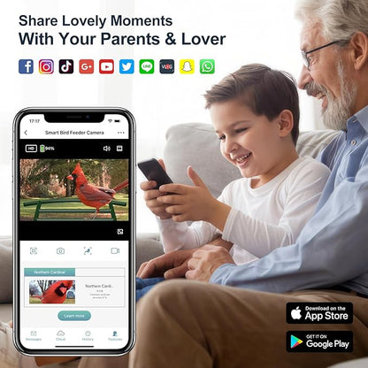 Bird Feeder with Camera-2K HD & Full Color Night Vision, Free AI Forever for 1,1000+ Species Identification, Solar Powered Wireless Outdoor, Includes 64GB TF Card, Two-Way Audio, App Alerts