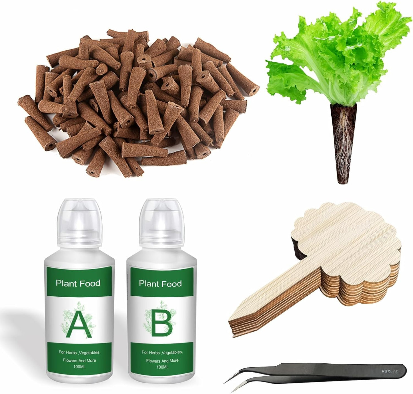 100 Pack Hydroponic Garden Kit Replacement for Hydroponics Growing System Compatible with AeroGarden, iDOO Seed Pods Kit with A&B Nutrient Plant Food, 10 Plant Labels and 1 Tweezers