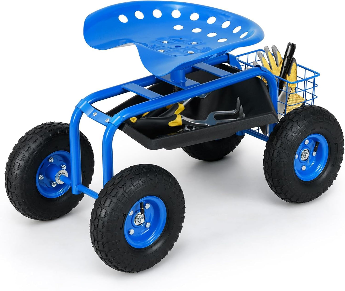 Giantex Rolling Garden Work Seat, 360 Swivel Gardening Workseat with Wheels, Tool Basket, Adjustable Height, Outdoor Scooter for Sitting, Gardening Stool Chair for Planting Trimming, Blue