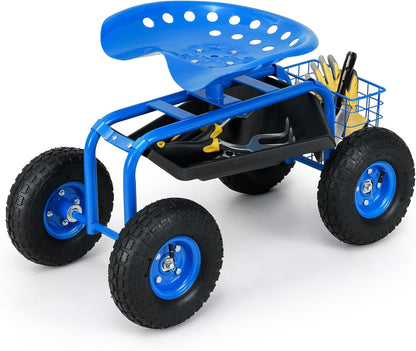 Giantex Rolling Garden Work Seat, 360 Swivel Gardening Workseat with Wheels, Tool Basket, Adjustable Height, Outdoor Scooter for Sitting, Gardening Stool Chair for Planting Trimming, Blue