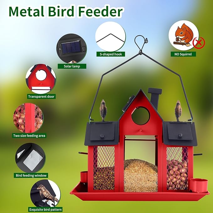 Solar Bird Feeders House for Outside Hanging, Metal Wild Bird Feeder for Outdoors, Large Cardinal Bird Feeder Birdhouses Squirrel Proof (Red)