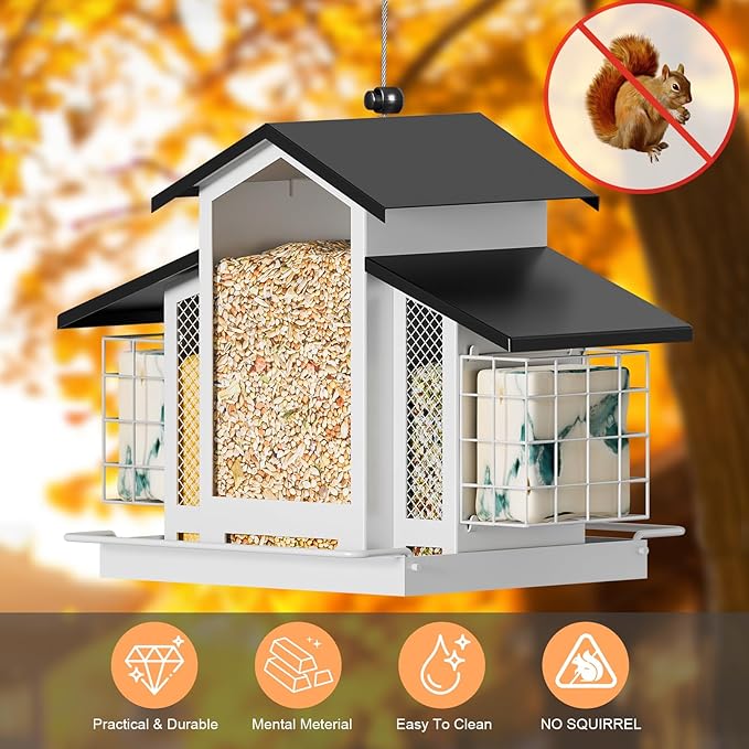 White Metal Bird Feeder Birdhouse, Outdoor Hanging Wild Bird Feeders for Outdoors, Perfect Birdhouses for Outside Bird Lovers