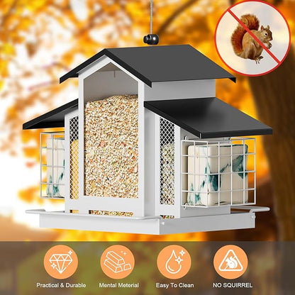 White Metal Bird Feeder Birdhouse, Outdoor Hanging Wild Bird Feeders for Outdoors, Perfect Birdhouses for Outside Bird Lovers