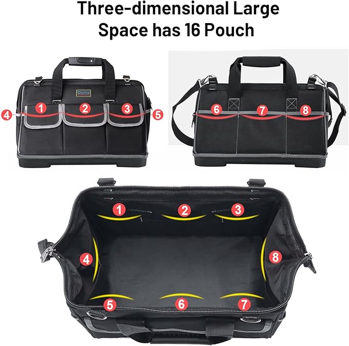 Tool Bag, Ounic 22 Inch Large Heavy Duty With Wide Mouth and Waterproof Strong Molded Base tool Organizer with Adjustable Shoulder Strap Specially Designed for Various Tools（Black)