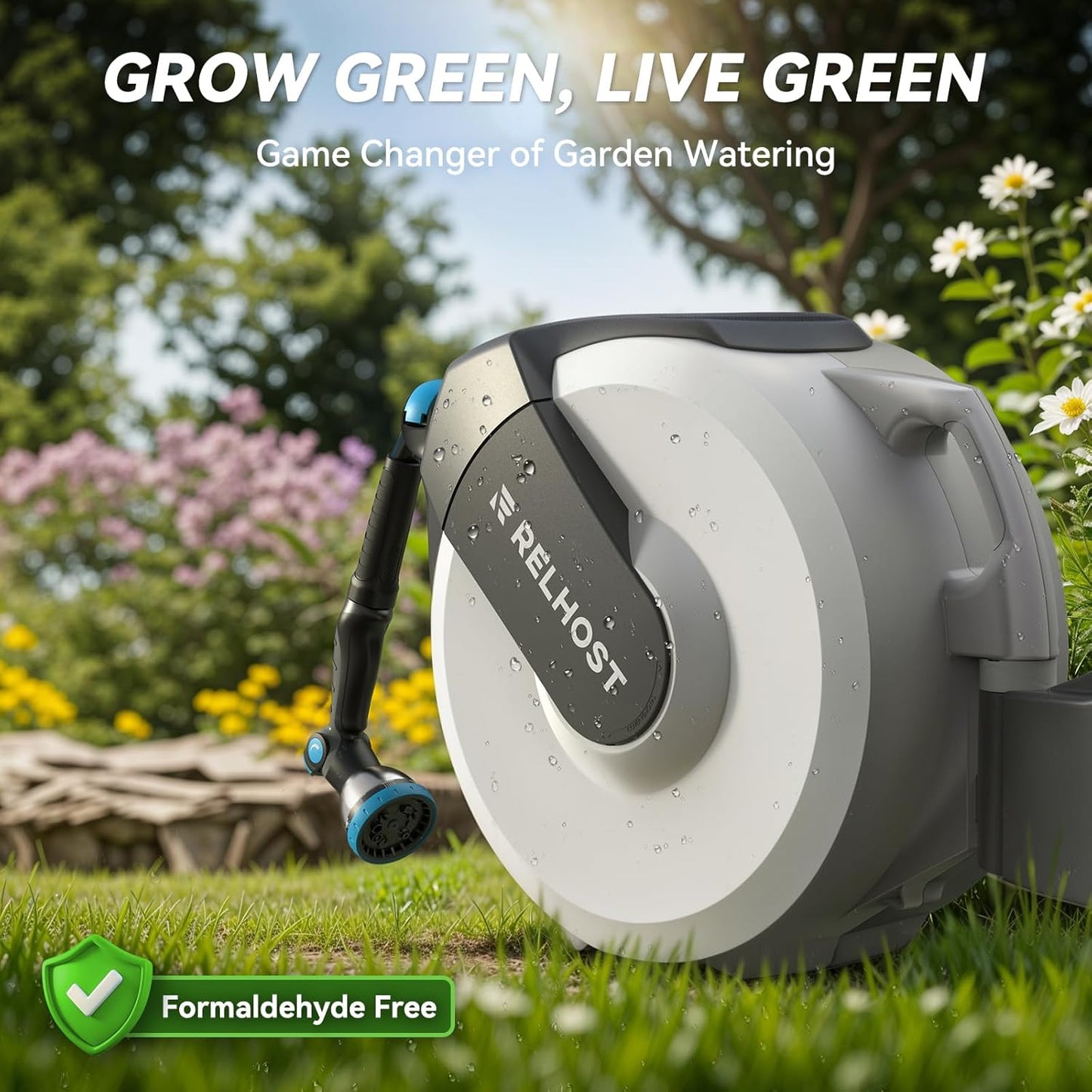 Retractable Garden Hose Reel 100 ft x 1/2 in, Heavy Duty Hose Reel Wall Mount with Any Length Lock, Auto Rewind System, 180° Swivel Bracket, 10-Pattern Garden Hose Nozzle, White & Grey