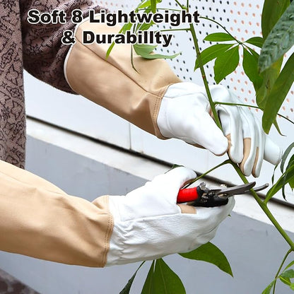 Long Gardening Gloves Men & Women Breathable Cowhide Leather Rose Pruning Thorn Proof Durable Heavy Duty